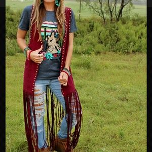 Wine Maxi Length Ultra Suede Fringe Duster